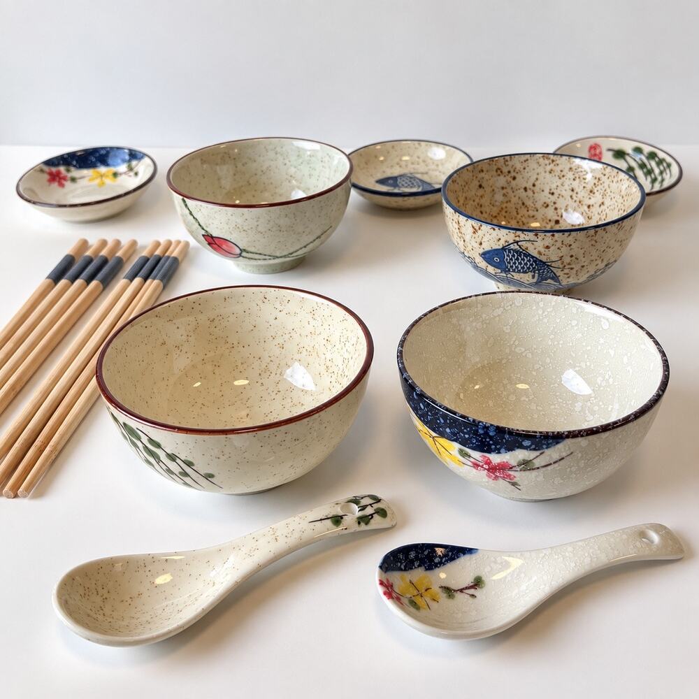 16 Pc Japanese Dinnerware Set Ceramic Rice Bowls Spoons Chopsticks New